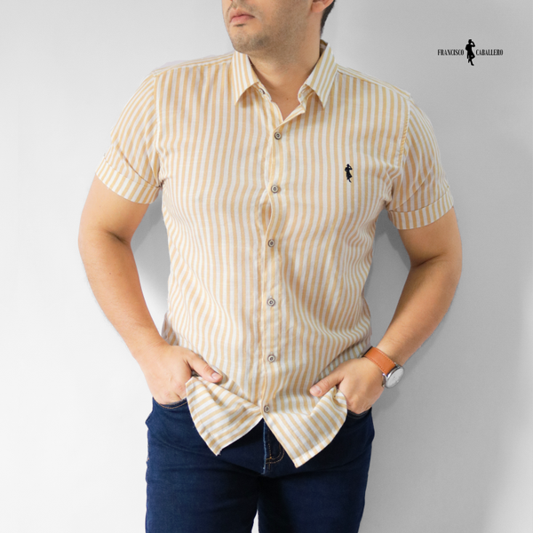 CAMISA DE LINO BEIGE MANGA CORTA