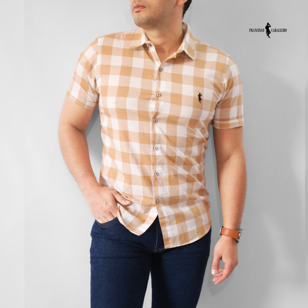 CAMISA DE CUADROS BEIGE MANGA CORTA