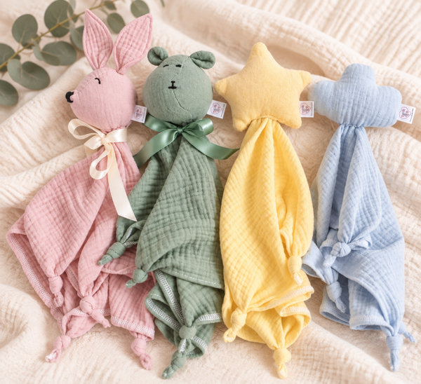 Schmuse Musselin Hase/Hippo/Stern/Wolke mit Rassel Element