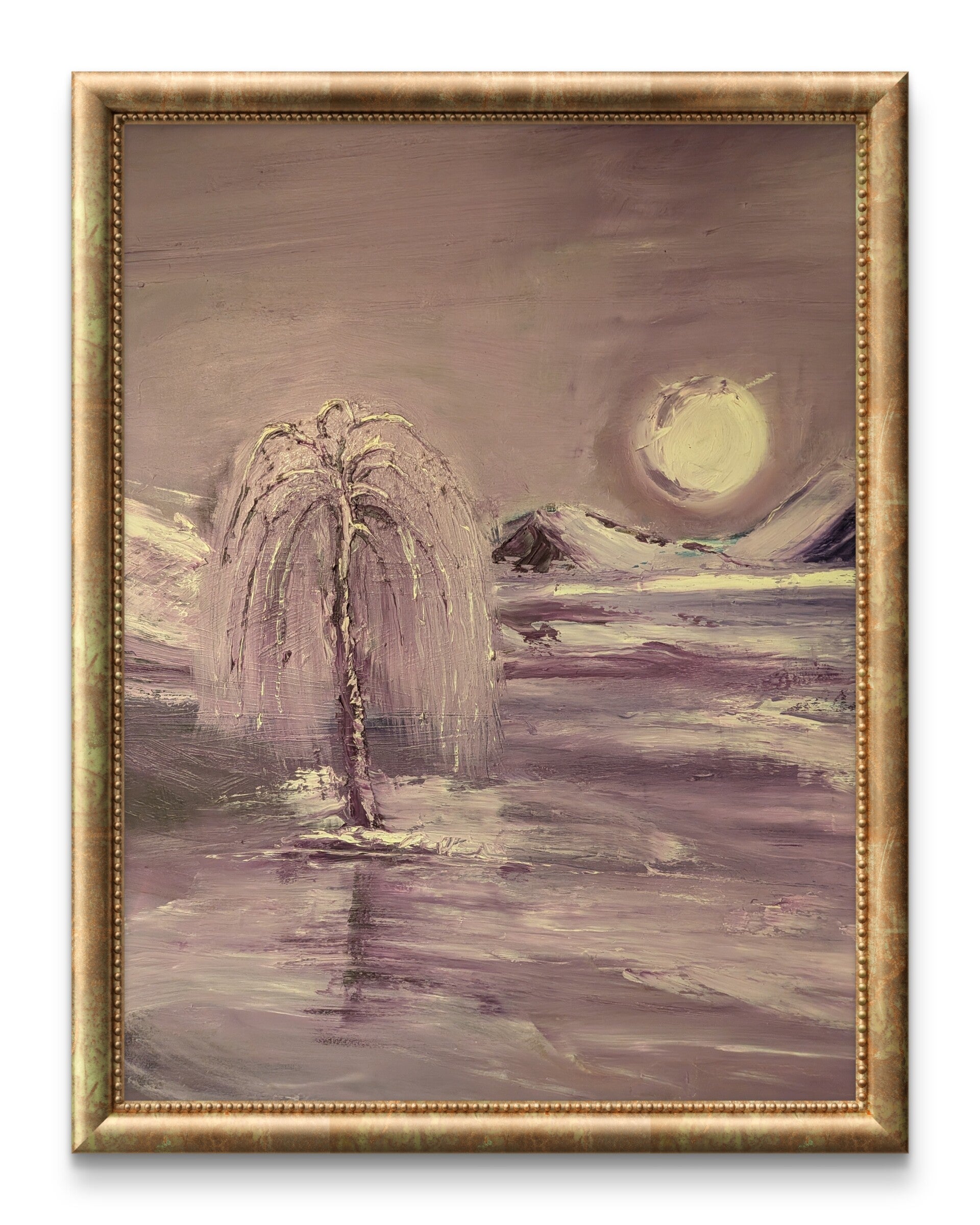 A silent willow 50"x 40" .large purple oil painting for the lounge, living room,dining room or bedroom, untitled, purple mountains.