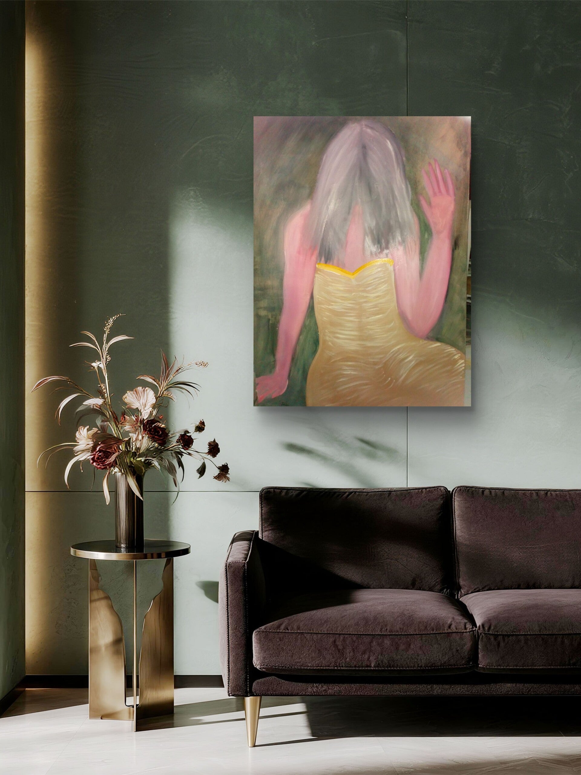 Sitting on the fence is a portrait of a woman who is wearing a yellow dress , it has a purple 🟣 background for the lounge living room, dining room and bedroom.