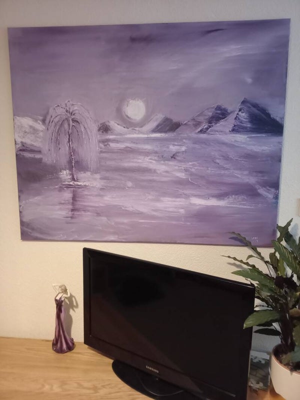 A large purple oil painting for the lounge, living room,dining room or bedroom, untitled, purple mountains.