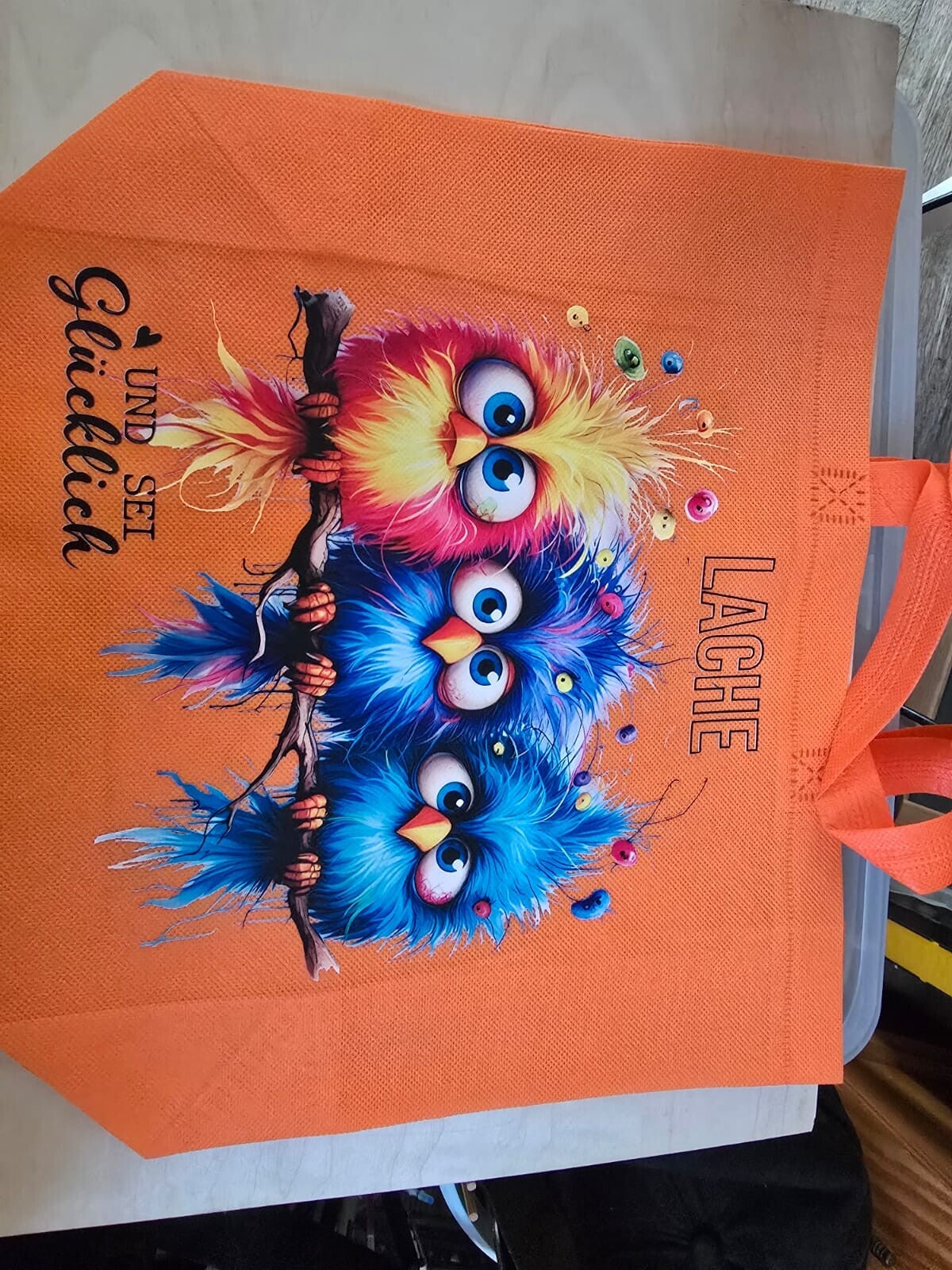 Stoffbeutel orange Vögel