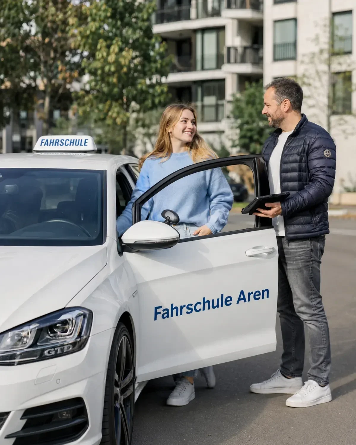 Fahrschülerin und Fahrlehrer der Fahrschule Aren bei einer Fahrstunde in Berlin