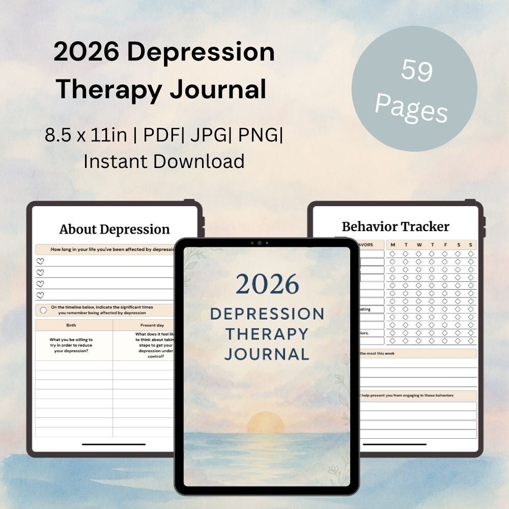 2026 Depression Therapy Journal | 59-Page Printable Mental Health & Self-Care Planner | Instant Digital Download PDF
