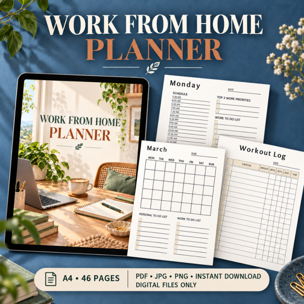 Work From Home Planner PDF, A4 Undated Planner, 46 Pages