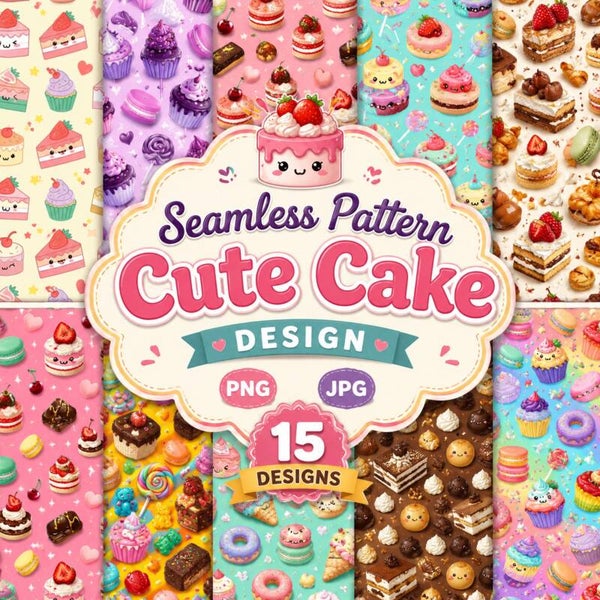 15 Cute Cake Seamless Pattern Bundle | Kawaii Dessert Digital Papers PNG & JPG | Sweet Bakery Background Designs Instant Download