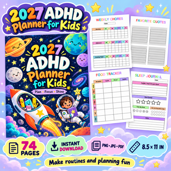 2027 ADHD Planner for Kids Printable PDF, 74-Page Student Planner, 8.5 x 11 Inches