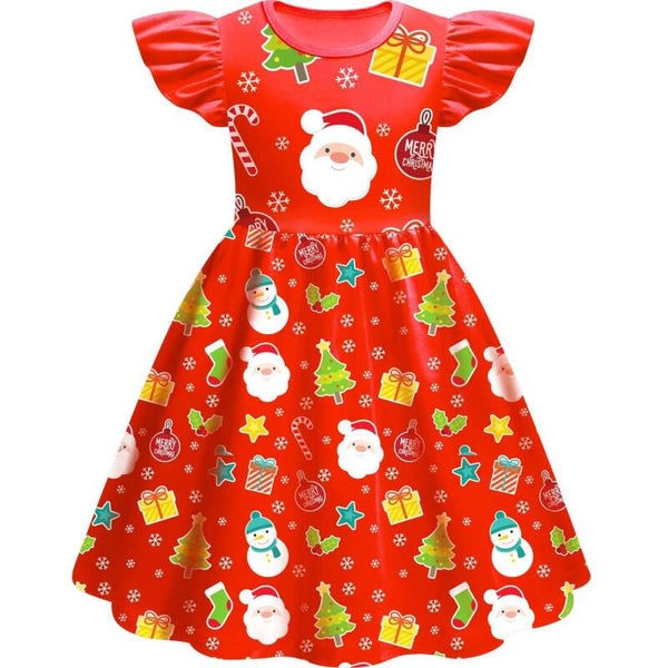 Girls' Christmas A-Line Dress with Flying Sleeves | Festive Outfit