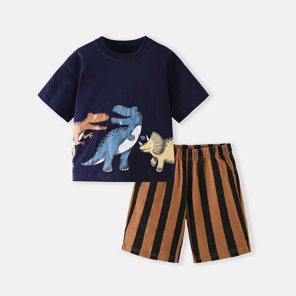Boys’ Cartoon Dinosaur T-Shirt and Striped Shorts Two-Piece Summer Outfit