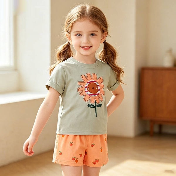 Girls’ Summer Flower T-Shirt and Fruit Print Shorts Set