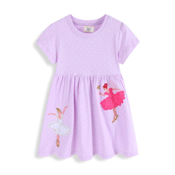 Girls' Cotton Princess Dress with Embroidered Ballerina Design | Short Sleeve Polka Dot Summer Dress for Toddlers & Kids 2T–7T