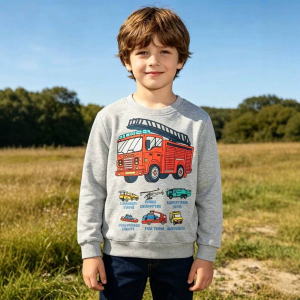 Boys Fire Rescue Vehicle Cotton Sweatshirt | Long Sleeve Crew Neck Pullover Top for Autumn & Spring