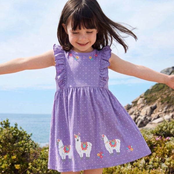 Girls’ Purple Cotton A-Line Dress with Ruffle Straps and Llama Print