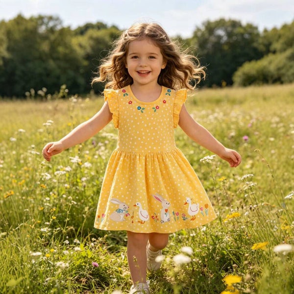 Girls' Cartoon Embroidered Princess Dress | Yellow Cotton Flutter Sleeve Summer Dress with Floral & Bunny Design