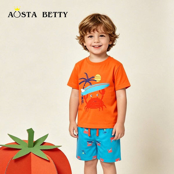 Boys’ Cotton Surfing Crab Print T-Shirt and Shorts Set | Ages 2–7
