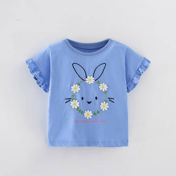 Girls Cotton Cartoon Bunny Ruffle Sleeve T-Shirt | Casual Short Sleeve Summer Top for Kids Ages 3–8