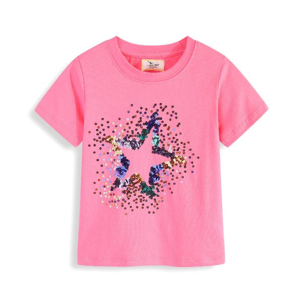 Girls’ Embroidered Sequin Star Cotton T-Shirt | Short-Sleeve Summer Top for Ages 2–7
