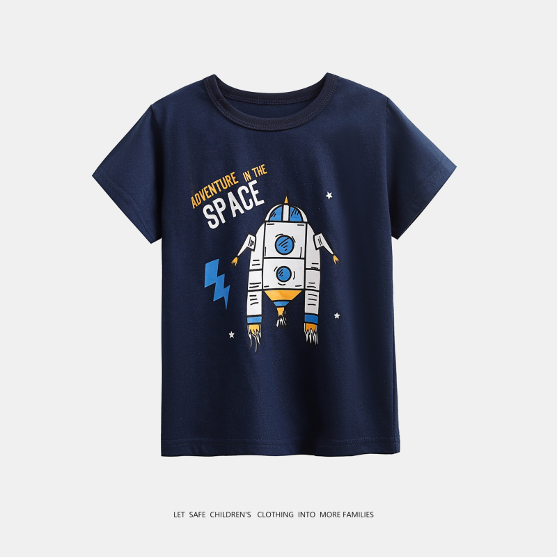 Boys' Summer Cartoon Rocket T-Shirt | Round Neck Short Sleeve Breathable Cotton Top