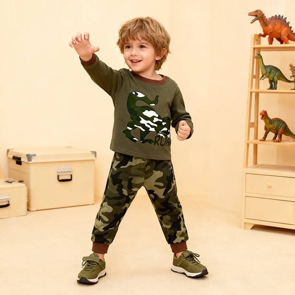 Boys Dinosaur Cotton Pajama Set – Warm Long-Sleeve Top and Camouflage Pants