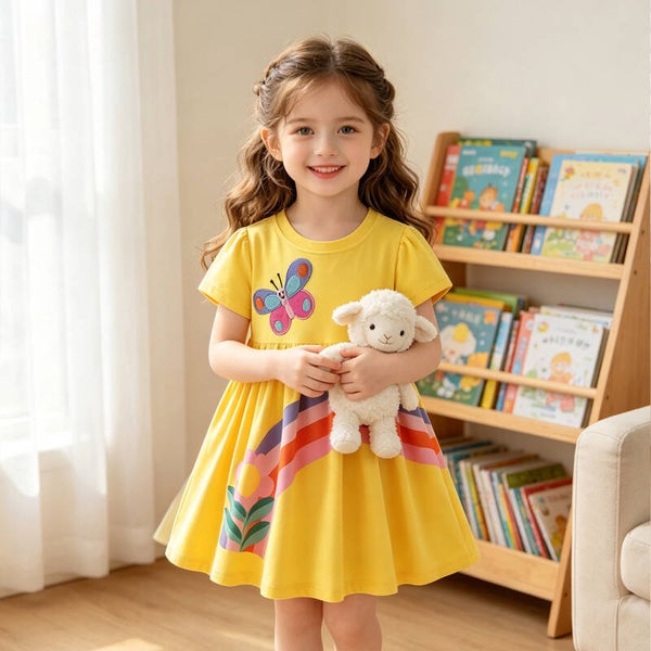 Girls’ Yellow Butterfly and Rainbow Print Cotton Dress – Short Sleeve Summer Dress