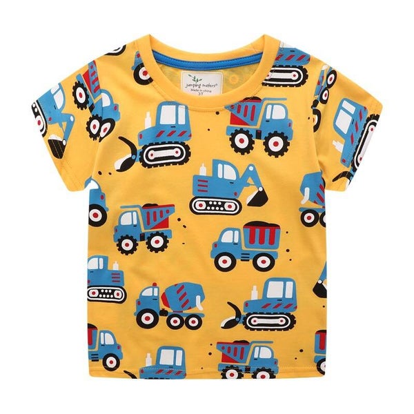 Boys' Construction Vehicle Print Cotton T-Shirt | Cartoon Excavator & Dump Truck Short Sleeve Tee for Kids