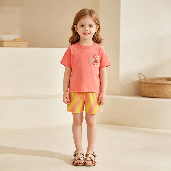 Girls’ Summer Fruit Print T-Shirt and Color-Block Shorts Set | Soft Cotton Blend Kids Outfit