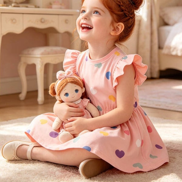 Girls’ Summer Cotton Heart Print Dress with Ruffled Sleeves | 100–150 cm