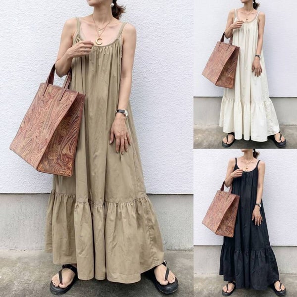 Plus Size Women's Loose Cotton Blend Strap Maxi Dress | Sleeveless Korean Casual Patchwork Dress | L–4XL