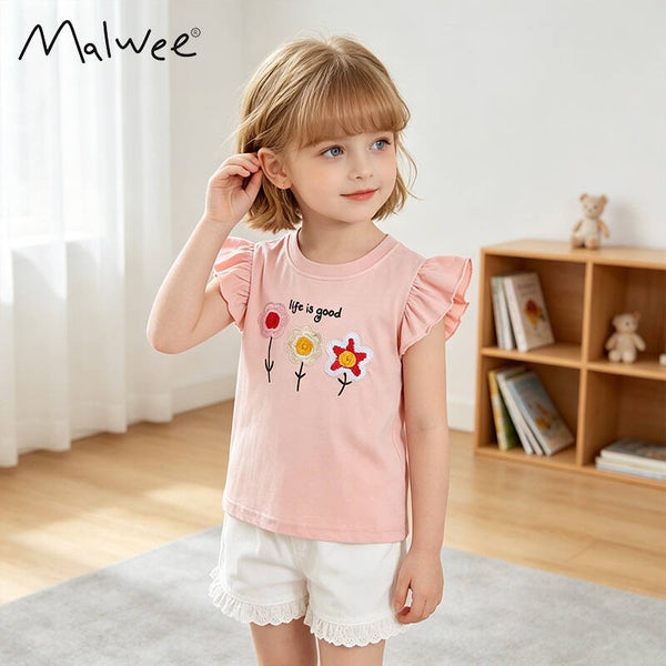 Girls’ Floral Embroidered Cotton Ruffle-Sleeve T-Shirt