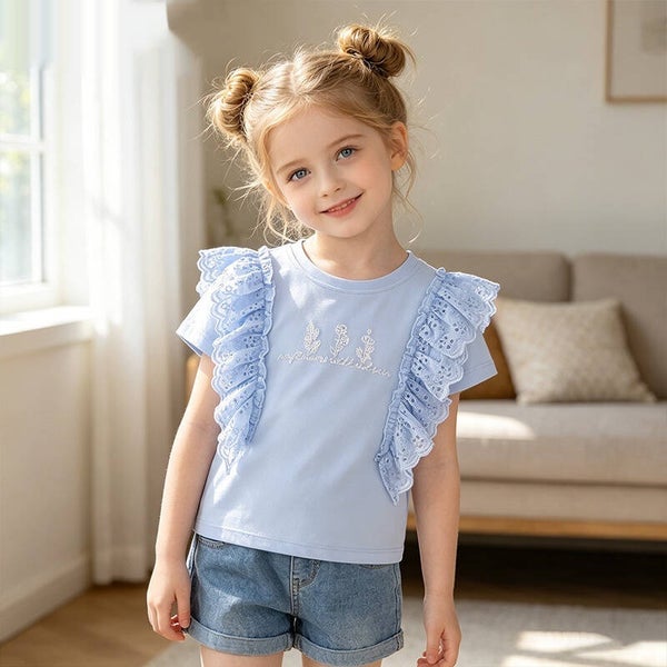 Girls’ Cotton Crew-Neck T-Shirt with Lace Ruffle Sleeves and Floral Embroidery