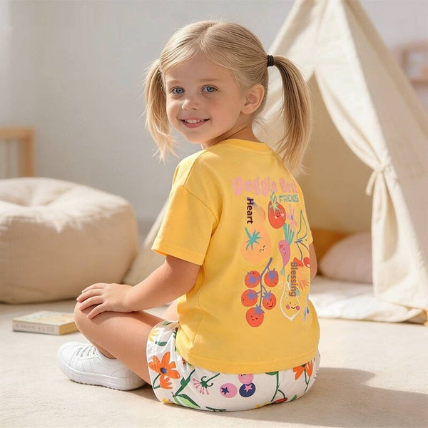 Girls Summer Cotton Shorts Set | Cartoon Floral Short Sleeve T-Shirt & Printed Shorts Outfit