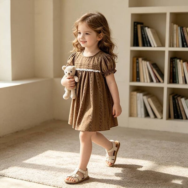 Girls’ Mori-Style Floral Cotton Dress | Dark Brown Short-Sleeve Dress with Lace Detail