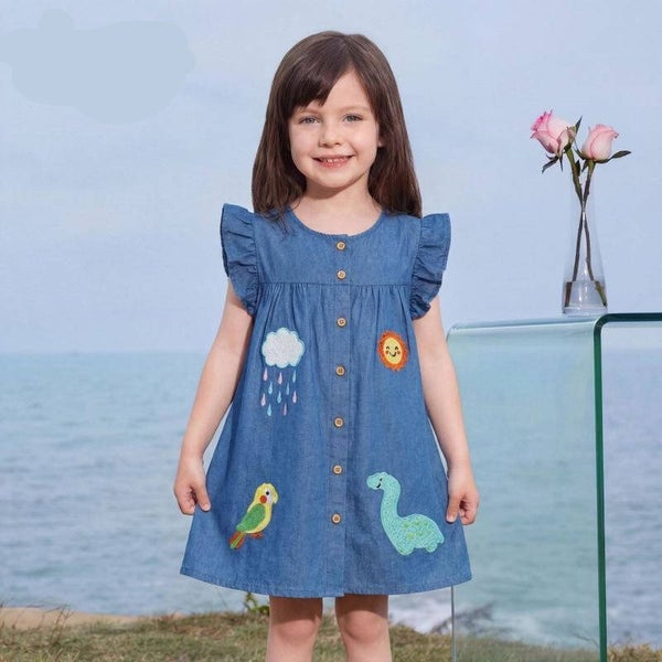 Girls’ Blue Denim Dress with Ruffle Sleeves and Cute Embroidery