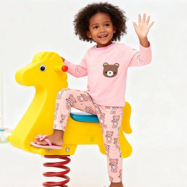Girls’ Pink Bear Long-Sleeved Cotton Loungewear Set | Ages 2–7