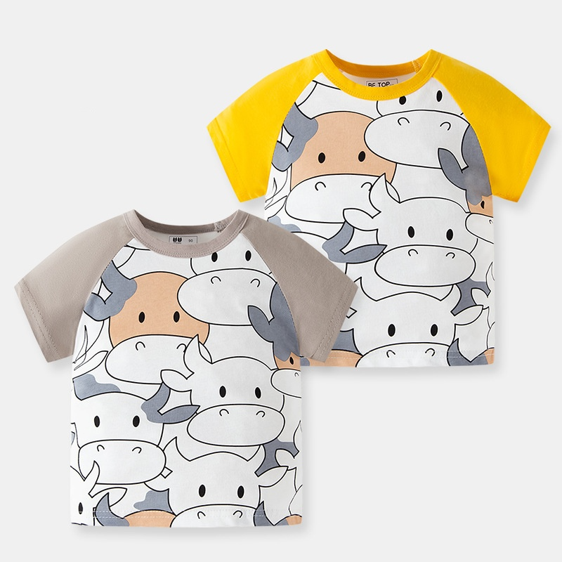 Unisex Baby Cartoon Cow Print Cotton T-Shirt | Summer Short Sleeve Top (90–140cm)