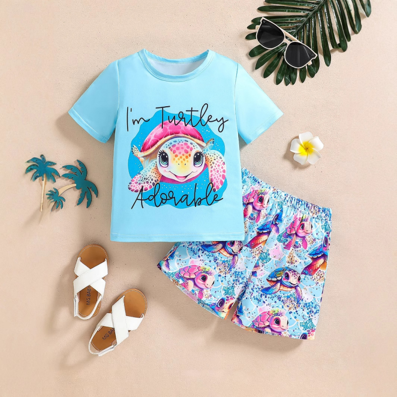 Turtley Adorable Girls' Summer Outfit Set | Light Blue T-Shirt & Animal Print Shorts (Ages 4–7)