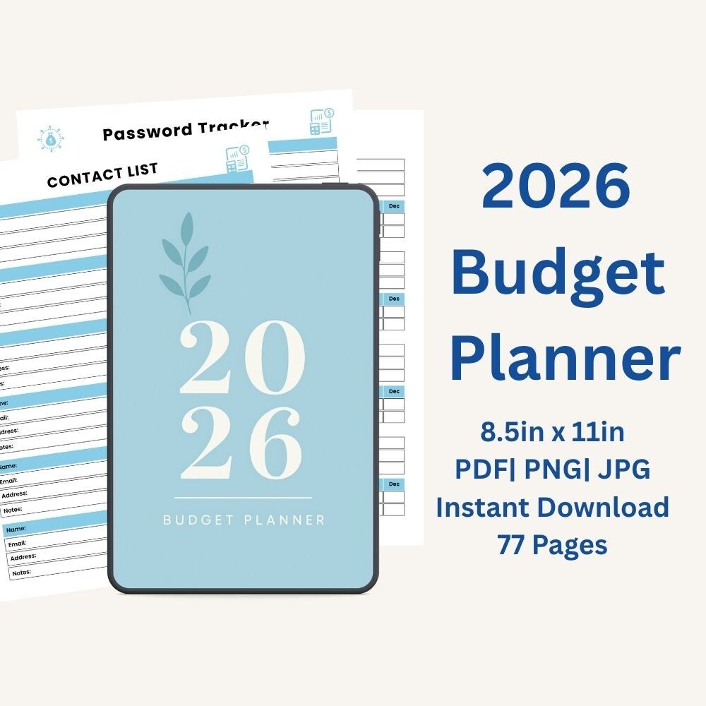 2026 Budget Planner | 77 Pages | 8.5x11 in PDF PNG JPG | Instant Download