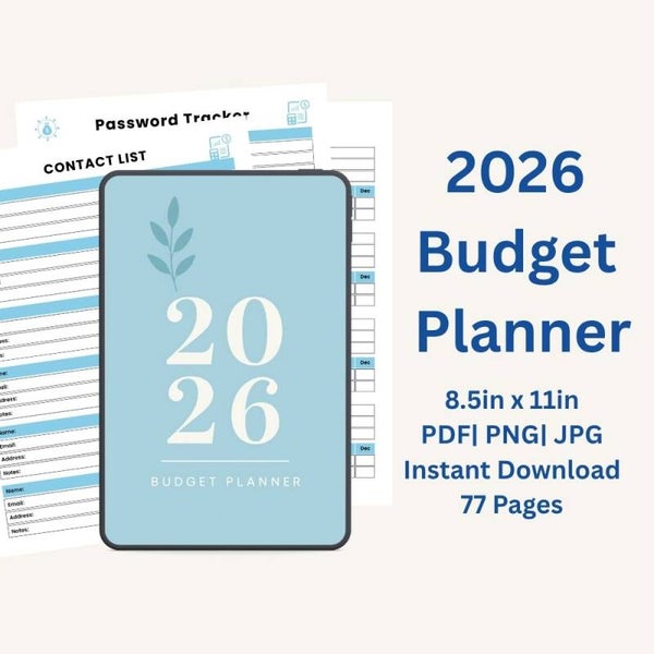 2026 Budget Planner | 77 Pages | 8.5x11 in PDF PNG JPG | Instant Download