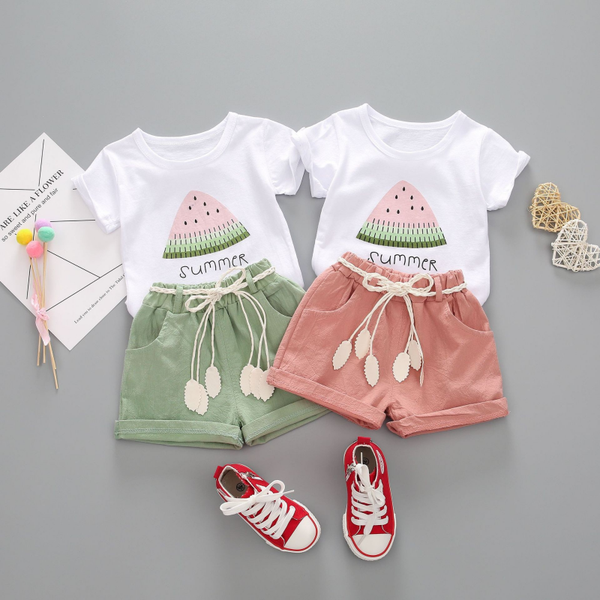 Girls' Summer Two-Piece Outfit | Watermelon Print T-Shirt and Shorts Set with Drawstring | Casual Fashion Round Neck Short Sleeve Set