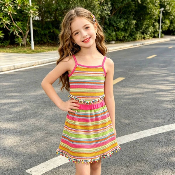 Girls’ Rainbow-Striped Camisole Top and Pom-Pom Fringe Skirt Two-Piece Summer Set