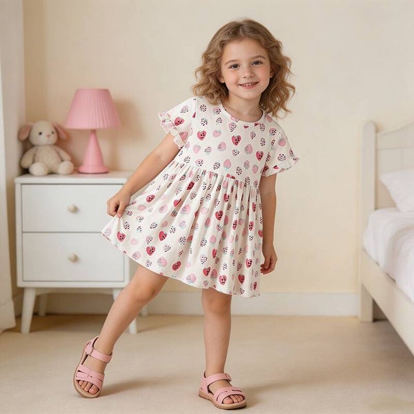 Girls' Strawberry Print Cotton Dress | Soft Short Sleeve Casual Summer Dress for Kids Ages 3–8