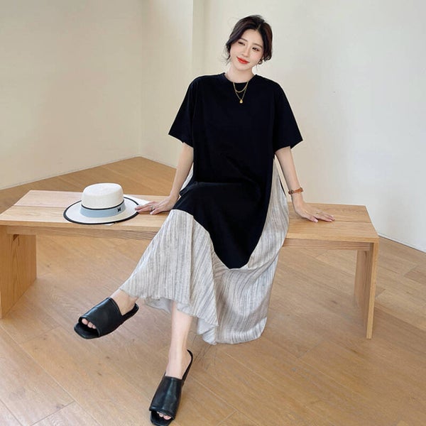 Women’s French-Style Mock Two-Piece Dress with Pleated Long Skirt