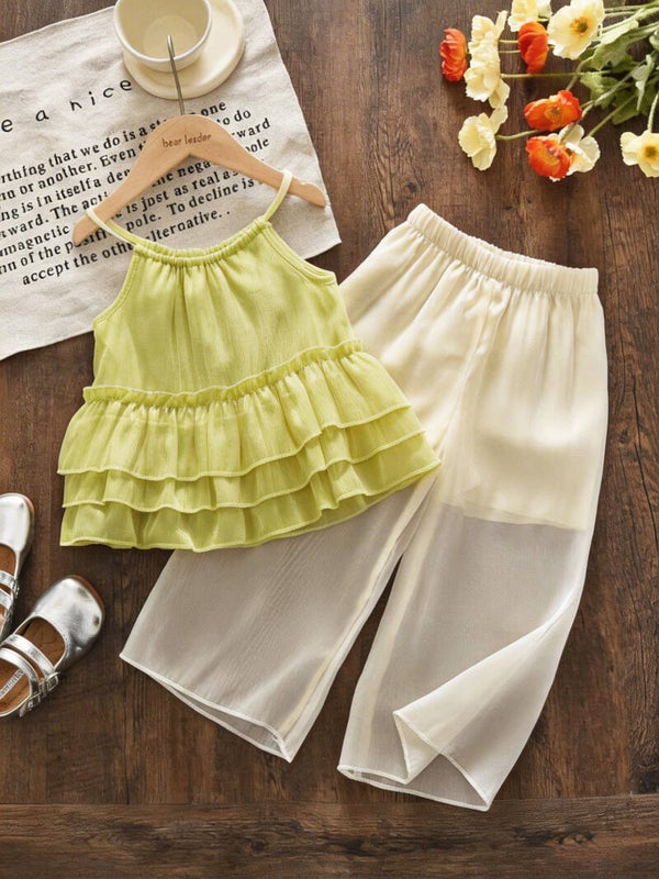 Girls’ Fruit Green Ruffled Camisole Top and Wide-Leg Trousers Two-Piece Set