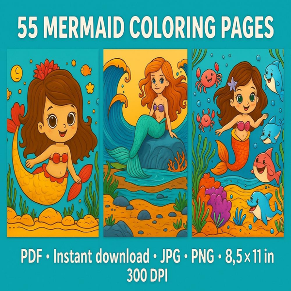 Mermaid Coloring Pages – 55 Printable Sheets (V2) | Instant Download