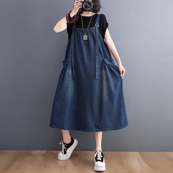 Women’s Loose Plus Size Denim Suspender Dress | Casual A-Line Commuter Midi Dress with Pockets