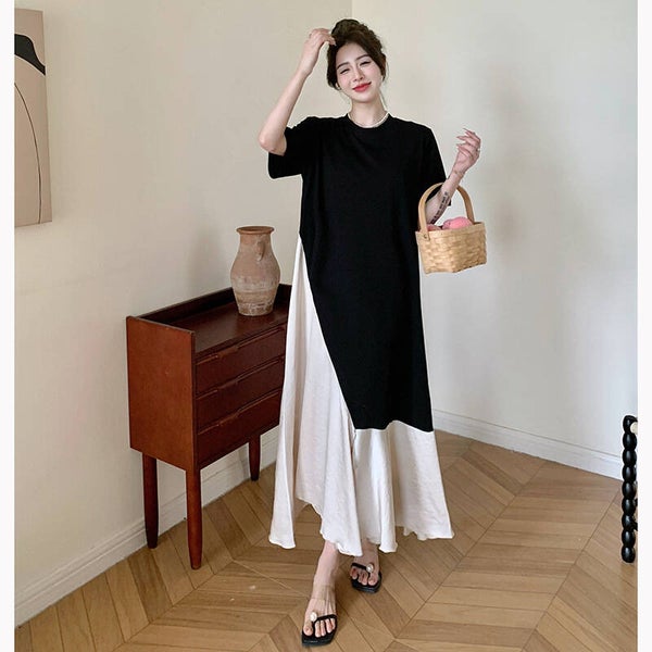 Plus-Size Women’s French-Style Mock Two-Piece Maxi Dress | Black Acetate-Silk Blend Colour-Block Dress