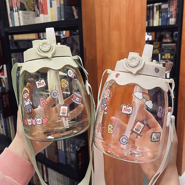 Korean-Style 1100 ml Portable PP Water Bottle with Straw, Dual-Drink Lid and Carry Strap