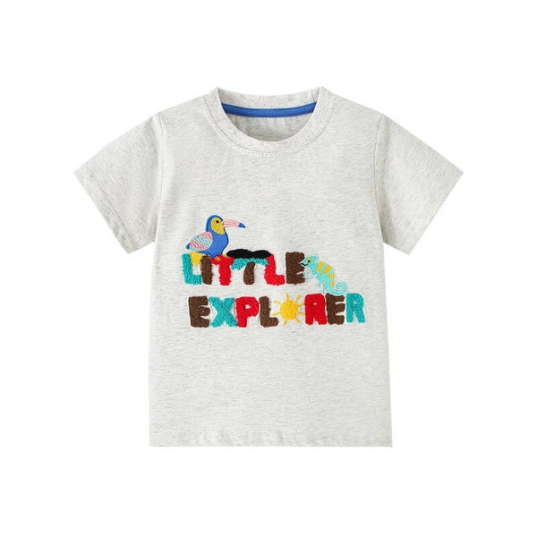 Kids Cartoon Animal Letter Embroidered Cotton T-Shirt | Soft Short Sleeve Crew Neck Top for Boys & Girls