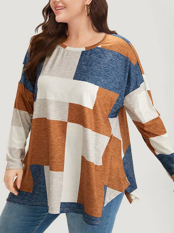 Fashion Casual Plus Size Long Sleeve T-Shirt – Round Neck Color Block Printed Top for Women